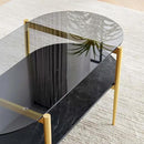 Oval Glass Coffee Table, Mid-Century Modern Design, L41 x W21 x H17 inch, for Living Room, Grey Glass Top, Black Marble Finish Wood Shelf & Gold Finish Frame by CozyNest Decor