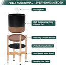 D'vine Dev Ceramic Planter with Natural Stand - 8 Inch Modern Round Flower Pot with Wood Planter Holder, Black/Speckled Tan, 55-B-N-7 by CozyNest Decor