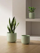 LE TAUCI Fluted Ceramic Planters Set of 3 – 8.3/7 / 5.7 in Sage Green Reactive Cylinder Indoor Plant Pots with Drainage Plug & Mesh, Glossy Stoneware Flower Pots for Succulents Herbs by CozyNest Decor