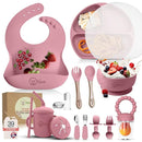 O'doe 17-Piece BPA-Free Silicone Baby Feeding Set | Thick & Soft Suction Plates, Baby Bowls, Wooden Fork & Spoon, and More | Make Mealtime Fun and Easy for Your Little One | Pink, V2 by TinyTreasures Baby Boutique