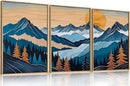 Blue Woodcut Mountain Framed Canvas Wall Art Set, Boho Abstract Ridge Wall Decor, Pine Tree Landscape Wall Painting, Sunrise Forest Art Print for Living Room, Bedroom, Office - 16"X24"X3 by CozyNest Decor