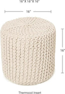 REDEARTH Cylindrical Hand Knitted Pouf - Foot Stool Ottoman - Cord Boho Pouffe - Cotton Round Poof for Home Decor - Living Room - Nursery - Bedroom - Patio (16" x 16" x 16") - Ivory by CozyNest Decor