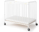 Foundations Chelsea Slatted Metal Compact Daycare Crib, 3" Casters, Compact Mini Size, Easy to Clean Durable Finish, Adjustable to Two Heights Mattress Board (White) by TinyTreasures Baby Boutique