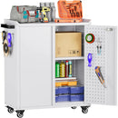 Garage Storage Cabinet with Wheels & Pegboard, 34.3" H Locking Metal Tool Storage Cabinet with Doors and Shelf & 4 Hooks for Garage, Home, Workshops, Assembly Required, White by GreenHaven Gardens