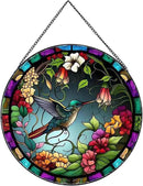 Hummingbirds and Flowers Pattern Suncatcher Stained Glass,Hanging Stained Glass for Windows,20cm/7.87inch Hand-Painted Sun Catcher Garden Hangings Painted Glass Panel Decor Themed Gift by GreenHaven Gardens