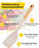 Silicone Kitchen Utensil Set for Non Stick Cookware, 7 Pcs Heat Resistant Cooking Utensils with Wooden Handle, BPA Free Kitchen Tools with Spatulas, Spoons, Skimmer and Pasta Fork (KHAKI) by CozyNest Decor