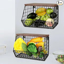 CYEAH 2 Pcs Stackable Fruit Basket for Kitchen, Hanging Wall Fruit Basket with Wood Lid, Space Saving Wall Mounted Mesh Metal Wire Baskets, Kitchen Counter Organizer for Snack, Onion, Potato Storage by CozyNest Decor