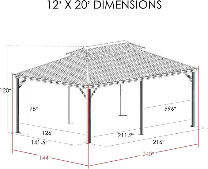 Kozyard Alexander 12' X 20' Permanent Aluminum Hardtop Gazebo with Galvanized Steel Double Roof Canopy, Curtain and Netting or Patio, Backyard, Deck, Lawn (Brown), photo 8 of 8