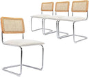Mid Century Modern Rattan Dining Chairs Set of 4, Boucle Kitchen Chairs with Handwoven Mesh Rattan Backrest and Metal Legs, Upholstered Accent Side Chairs, White by CozyNest Decor