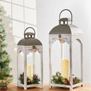 Glitzhome Set of 2 Mondern Farmhouse Wood Metal Lanterns Decorative Candle Lanterns, White (No Glass) by CozyNest Decor