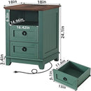 18" Farmhouse Night Stand with Charging Station, 2 Drawers Bedside End Table, Green Wooden Nightstand, Bed Side Table Cabinet with Open Shelf for Bedroom Living Room Office by CozyNest Decor