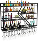 Wall Mounted Wine Rack with Glass Holder, 3-Tier Metal Storage Shelf, Black Diamond Design, Wine Bottle Display with Stemware Storage (Black, 31.49in/Left) by CozyNest Decor