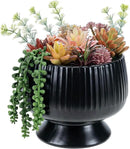 MyGift 10 Inch Modern Artificial Succulent Arrangement Potted in Matte Black Ribbed Ceramic Round Planter, Decorative Plant Pot with Assorted Faux Mini Succulents by CozyNest Decor