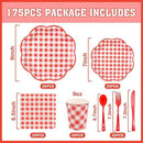 175 Pcs Red Gingham Plates and Napkins Party Supplies - Red and White Checkered Plates Sets Serve 25 Guests - Scalloped Gingham Paper Plate for Birthday Picnic BBQ Christmas Party Decorations by CozyNest Decor