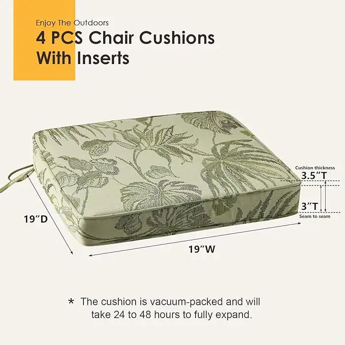 Outdoor Square Corner Seat Cushion, 19"x19"x3", Set of 4, Non Slip Seat Cushion Pads with Removable Cover for Patio Furniture, Garden Yard Lawn, Dark Green Vine, photo 5 of 6