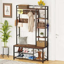 BON AUGURE Hall Tree with Shoe Storage, 5-in-1 Reversible Entryway Bench with Coat Hooks for Hallway, Rustic Wood and Metal Coat Rack with Shelves for Mudroom (Rustic Oak) by CozyNest Decor