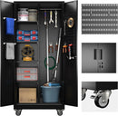 Garage Storage Cabinet with Wheels and 5 Pegboard, 71" H Metal Storage Cabinets with 2 Locking Doors and 4 Shelves, Broom Closet Storage Cabinet with Hanging Rod and 13 Hooks, Black by GreenHaven Gardens
