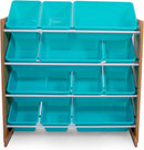 Humble Crew Kids Toy Storage Organizer with 12 Plastic Bins, Natural Wood/Aqua – Removable Bins for Playroom, Bedroom, Toddler Furniture for Boys and Girls Ages by TinyTreasures Baby Boutique