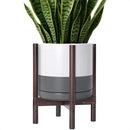 D'vine Dev Ceramic Planter with Walnut Color Stand - 12 Inch Modern Round Flower Pot with Wood Planter Holder, White/Grey, 55-B-W-6 by GreenHaven Gardens