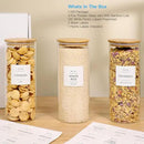 3 Pack Glass Jar with Airtight Bamboo Lid and White 132 Kichen Pantry Labels Preprinted - 56 Oz Clear Tall Glass Food Storage Containers set For Pasta Flour Cookie Rice by CozyNest Decor