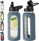 32 oz Glass Water Bottle with Straw and Handle, Sports Motivational Water Flask with Silicone Sleeve, Large Leakproof Water Flask Cup with Time Marker for Travel, Gym, Dark Blue by CozyNest Decor