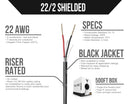 Voltive 22/2 Shielded Riser - CL3R Rated - Bare Copper - 500 Foot Box - Black by GreenHaven Gardens