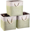 i BKGOO 3Pack Large Foldable Storage Bins，Collapsible Sturdy Cationic Fabric Organizing Storage Basket Cube with Cotton Handles for Home Office Shelf Clothes Toys Beige-Green 13×13×13 inch by CozyNest Decor