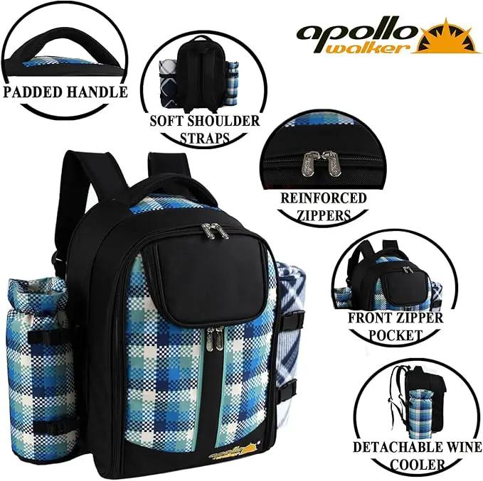 apollo walker Picnic Backpack Bag for 2 Person with Cooler Compartment, Detachable Bottle/Wine Holder, Fleece Blanket, Plates and Cutlery Set, photo 5 of 8