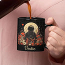Astronaut with Moon and Wildflowers Coffee Mug, Custom Name Ceramic Cup 11oz 15oz, Unique Astronaut Coffee Cup for Friends, Personalized Astronomy Black Mug, Gifts for Birthday by CozyNest Decor