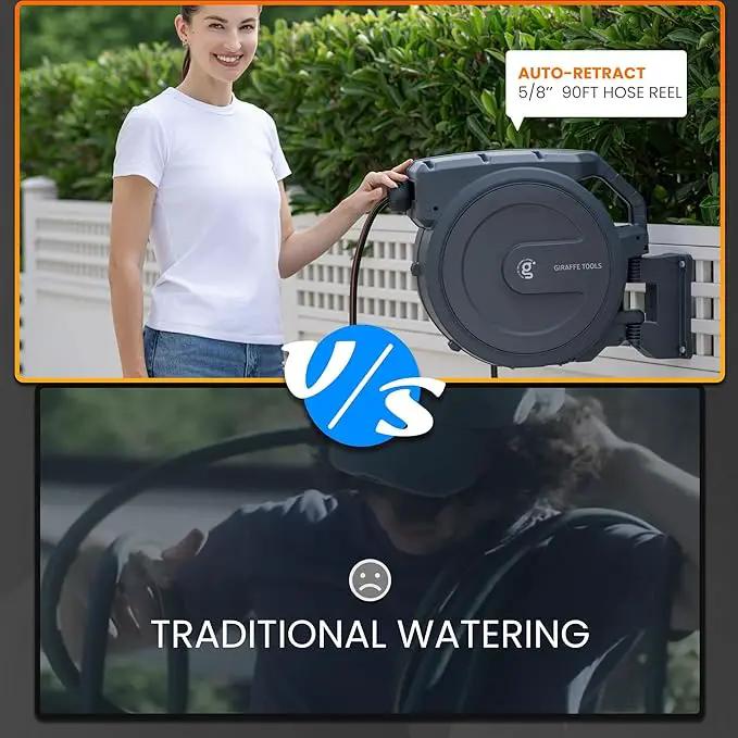 Giraffe Tools Retractable Garden Hose Reel 5/8 inch x 90 ft Hose Reels for Outside, Wall Mounted Water Hose Reel with 180 Deg Swivel Bracket, Any Length Lock, 9 Pattern Hose Nozzle, photo 2 of 6