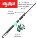 Zebco Rambler Fishing Reel and Rod Combo, Durable Fiberglass Rod with Built-in Carabiner, Patented No-Tangle Reel, Pre-Spooled with 8-Pound Zebco Fishing Line by TinyTreasures Baby Boutique