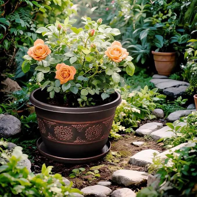 4 Pack 16 inch Plant Pots, Retro Pattern Planters with Drainage Holes and Saucer, Sturdy Plastic Garden Flower Pots for Indoor & Outdoor Plants, photo 6 of 6
