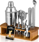 KITESSENSU Cocktail Shaker Set Bartender Kit with Stand | Bar Set Drink Mixer Set with All Essential Accessory Tools: Martini Shaker, Jigger, Strainer, Mixer Spoon, Muddler, Liquor Pourers |Silver by CozyNest Decor