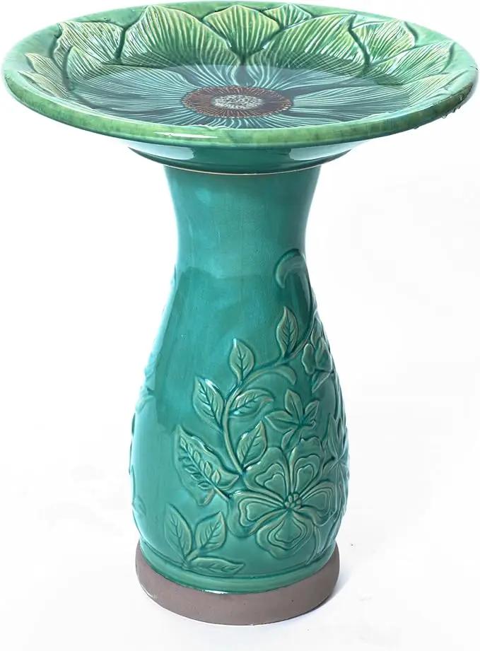 LuxenHome 23 Inch Ceramic Bird Bath for Outside, Elegant Tall Outdoor Bird Bath, Lightweight Pedestal Glazed Birdbaths for Outdoors with Floral Embossed Design, Jade Green, photo 7 of 7