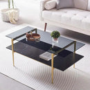 Rectangle Coffee Table for Living Room, Mid-Century Modern Design, L41 x W21 x H17, 2-Tier Structure, Clear Glass Top and Black Marble Wood Shelf, Conical Metal Legs with Gold Finish by CozyNest Decor