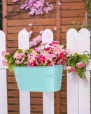Metal Railing Planter for Outdoor Plants - 3 Pack Balcony Hanging Flower Pots with Detachable Hooks and Drain Holes Oval Bucket Rail Box Fence Planters for Home Garden Decor, Green Orange Blue by GreenHaven Gardens