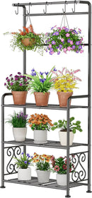 Plant Stand Indoor Outdoor Heavy Duty Metal - 56.4" Tall 3-Tier Shelf for Multiple Plants, Flowers, Rustproof Black Storage Rack for Patio, Balcony, Living Room, Garden, Includes Hooks&Adjustable Feet by GreenHaven Gardens