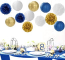 Navy-Blue Gold Party-Decorations Paper-Flowers Lanterns - 15PCS Royal White Baby Bridal Shower Tissue Pom Poms Streamers, Bachelorette Birthday Wedding Graduation Hanging Supplies Decor Hugfond by CozyNest Decor