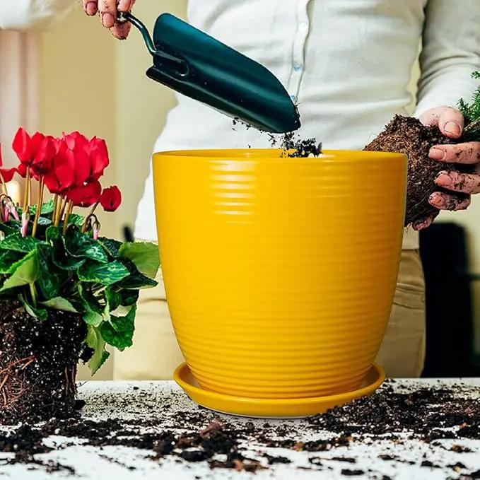 12 Inch Pots for Plants - Ceramic Planter for Indoor Plants Large Plant Pot with Drainage Hole and Saucer Round Outdoor Flower Pot for Garden Home Patio Office Yellow, photo 4 of 7