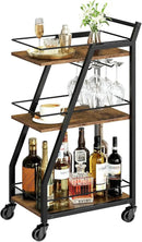 Bar Cart, 3-Tier Bar Cart for The Home, Home Bar Serving Cart with Glass Holders, Beverage Cart for Kitchen, Dining, Party Room, Rustic Brown and Black BC03BR by CozyNest Decor