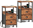 Furologee Nightstand Set of 2, Rustic Brown, with Charging Station and USB Ports, Side Tables with 2 Fabric Drawers, Bedside Tables with Storage Shelf & Hooks, for Living Room/Bedroom by CozyNest Decor