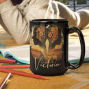 Personalized Autumn Landscape Black Cup, Custom Name Coffee Mug 11oz 15oz, Custom Floral Silhouette Ceramic Cup, Gifts for Women, Zodiac Inspired Coffee Mug, Gifts for Birthday by CozyNest Decor