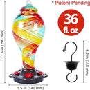 LUJII Hand Blown Glass Hummingbird Feeder for Outdoors Hanging with Ant Moat, 36 fl.oz, Leak Proof & Rustproof, Metal Base with 5 Feeding Ports & 5 Perches, Unique Garden & Backyard Decor (Ribbon) by GreenHaven Gardens
