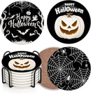 Coaster for Drinks Set of 6, Happy Halloween Pumpkin Spider Web Black Absorbent Round Ceramic Stone Mat, with Cork Base and Metal Holder, Gift for Housewarming Room Bar Decor by CozyNest Decor