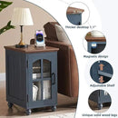 Narrow Side Table,Farmhouse Nightstand with Charging Station,Wood End Table with Glass Barn Door Storage, Cabinet Organizer with Adjustable Shelf, Night Stand for Small Spaces for Living Room Bedroom by CozyNest Decor