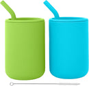 WeeSprout Silicone Baby Cups With Straws and Lids, 4 & 8 oz Options, Set of 2, Food Grade Toddler Training Container, Built In Straw Stoppers, Measurement Markings, Dishwasher Safe + Straw Cleaner by TinyTreasures Baby Boutique