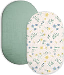 Bassinet Sheet for Baby Boy and Girl 2 Pack, Fitted Sheets for Rectangle, Oval, Hourglass Bassinet Mattress, Muslin Moses Basket Sheets with Neutral Style (Spring Garden & Sage) by TinyTreasures Baby Boutique