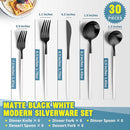 Matte Black White Silverware Set for 6,Modern Stainless Steel Brushed Cutlery Set,30-Pieces Heavy Duty Flatware Set,Knives Spoons and Forks Set Utensils Set, Satin Finish, Dishwasher Safe by CozyNest Decor