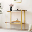 Oval Glass Console Table for Living Room, Foyer & Entrance, 2-Tiers Mid-Century Modern Sofa Table with Amber Glass Top, Walnut Finish Wood Top and Gold Finish Metal Frame by CozyNest Decor
