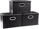 PRANDOM Collapsible Storage Bins with Lids [3-Pack] Leather Fabric Foldable Storage Boxes Organizer Containers Baskets Cube with Cover for Bedroom Closet Office Nursery Black (14.9x10.8x10) by TinyTreasures Baby Boutique